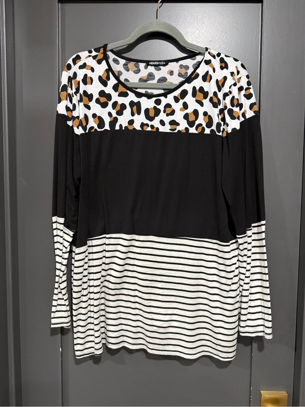 HEIMISH USA Black White Striped Leopard Panel Long Sleeve Top